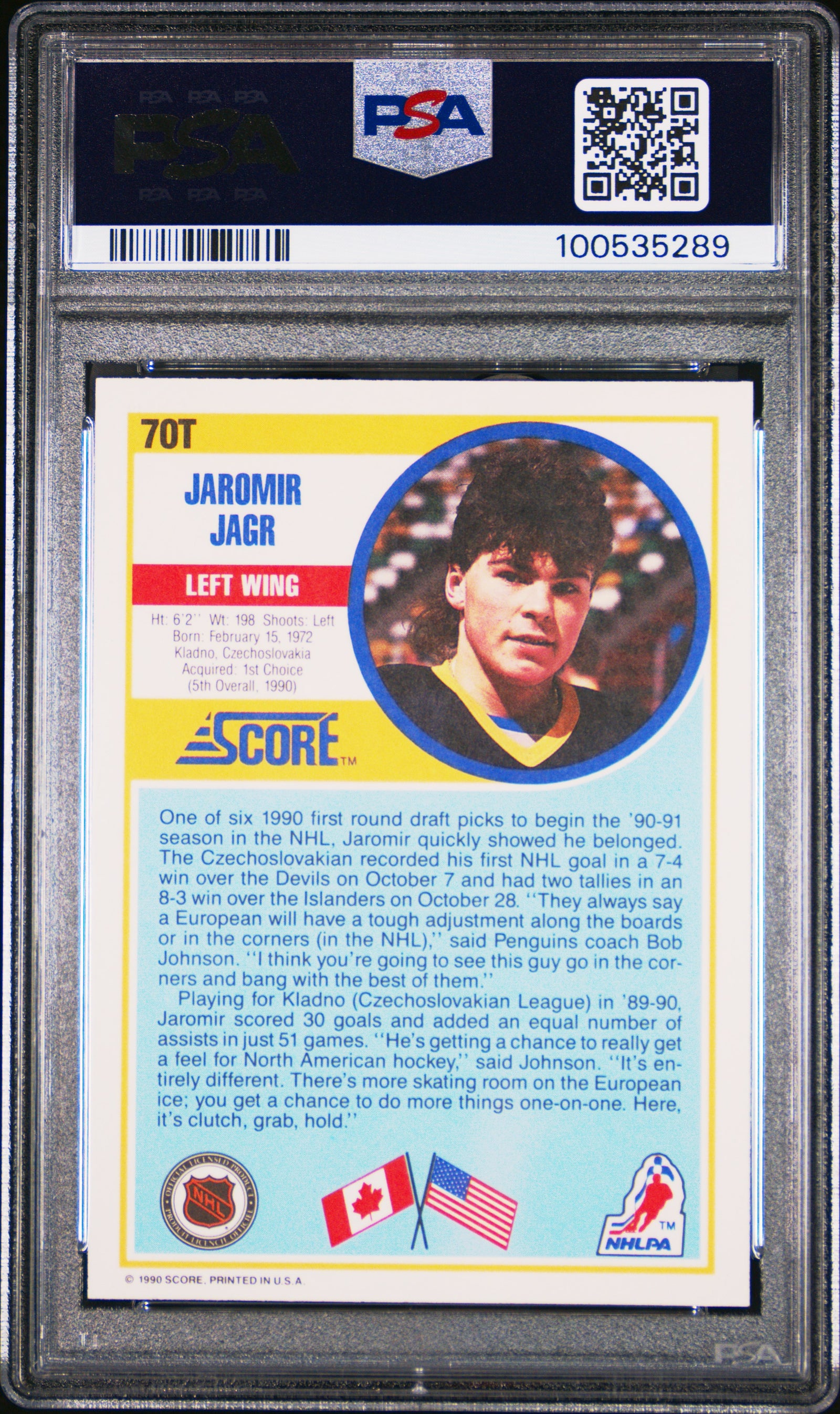 Jaromir Jagr 1990 Score R/T Pittsburgh Penguins Hockey Rookie Card RC #70T Graded PSA 10 Cert #100535289-Powers Sports Memorabilia