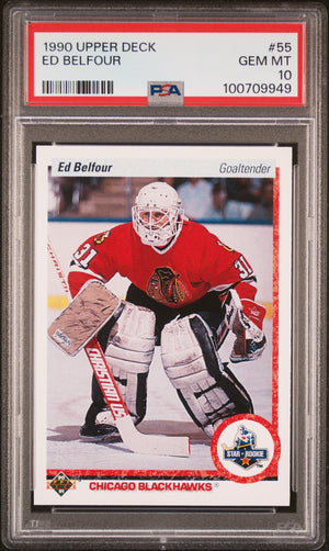 Ed Belfour 1990 Upper Deck Chicago Blackhawks Hockey Rookie Card RC #55 Graded PSA 10 Cert #100709949