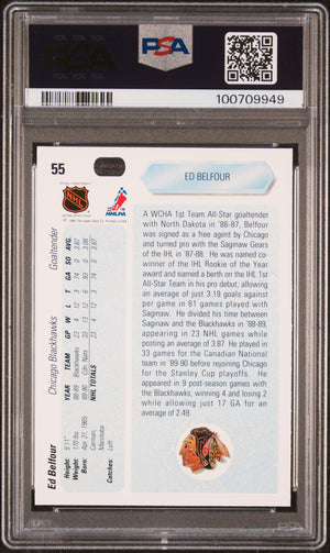 Ed Belfour 1990 Upper Deck Chicago Blackhawks Hockey Rookie Card RC #55 Graded PSA 10 Cert #100709949