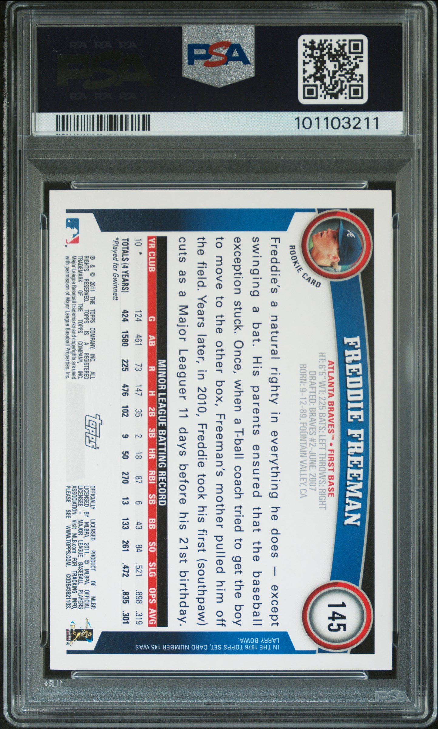 Freddie Freeman 2011 Topps Baseball Rookie Card #145 Graded PSA 8-Powers Sports Memorabilia