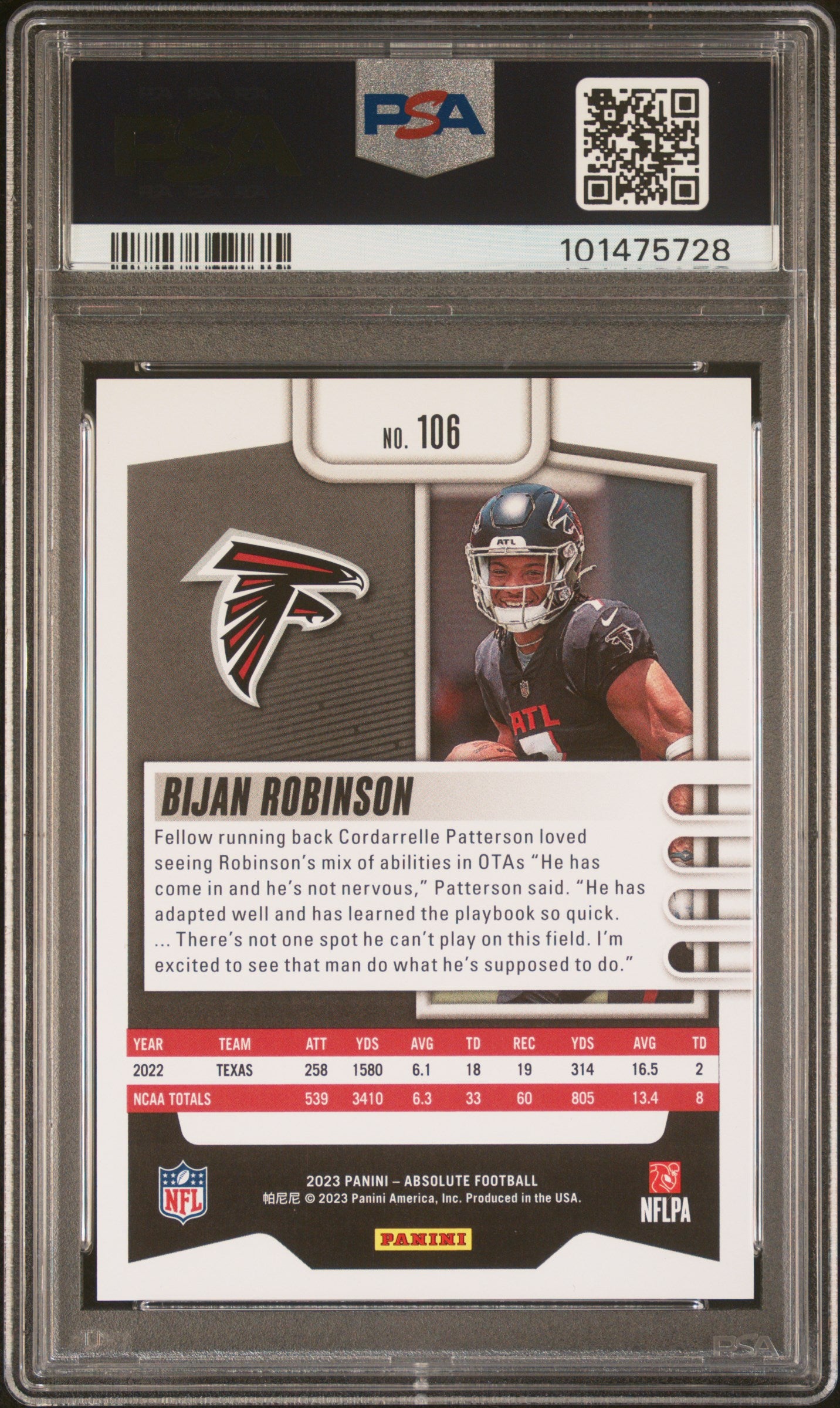 Bijan Robinson 2023 Panini Absolute Red Squares Rookie Card 106 PSA 10 /499