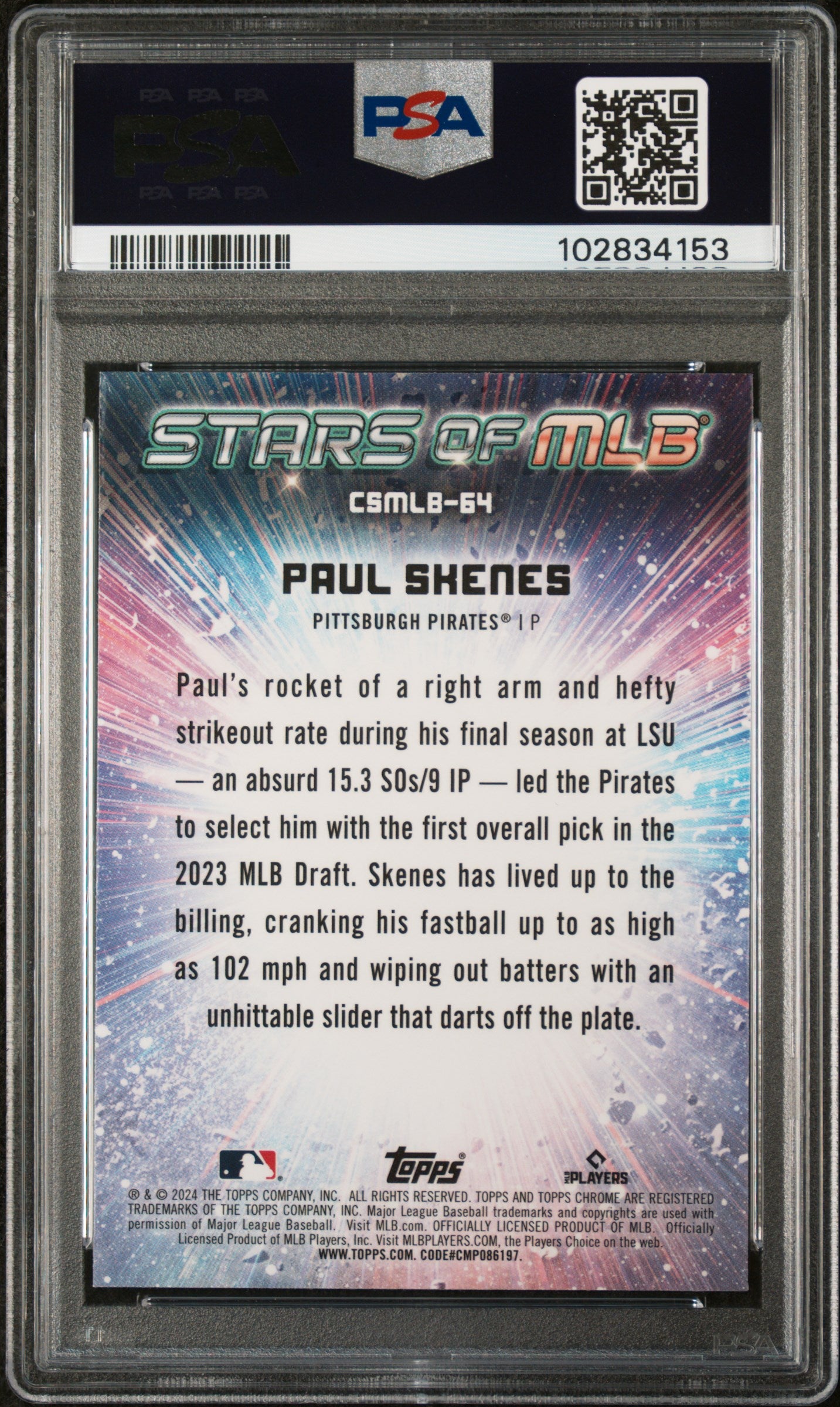 Paul Skenes 2024 Topps Stars of MLB Chrome Rookie Card #CSMLB64 Graded PSA 10-Powers Sports Memorabilia