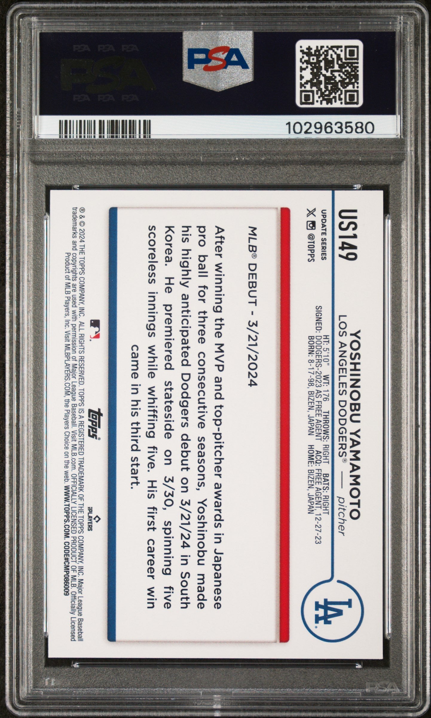 Yoshinobu Yamamoto 2024 Topps Update Royal Blue RC Rookie Card #US149 PSA 10-Powers Sports Memorabilia