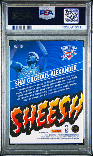Shai Gilgeous-Alexander 2023 Panini Hoops Premium Stock Sheesh Disco Prizm Oklahoma City Thunder Basketball Card #15 Graded PSA 10 Cert #103091691