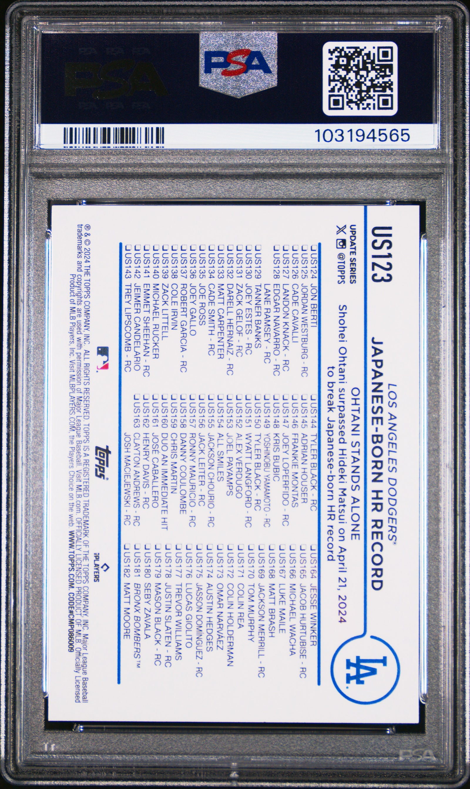 Shohei Ohtani 2024 Topps Update Japanese Born HR Record Baseball Card #US123 Graded PSA 10 Cert # 103194565-Powers Sports Memorabilia