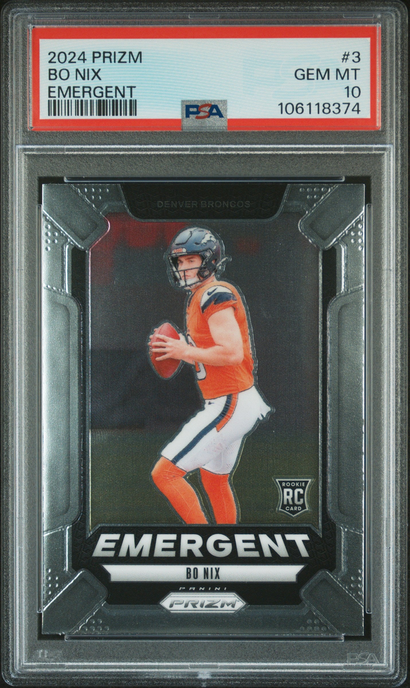 Bo Nix 2024 Panini Prizm Emergent Football Rookie Card #3 Graded PSA 10 Cert #106118374-Powers Sports Memorabilia