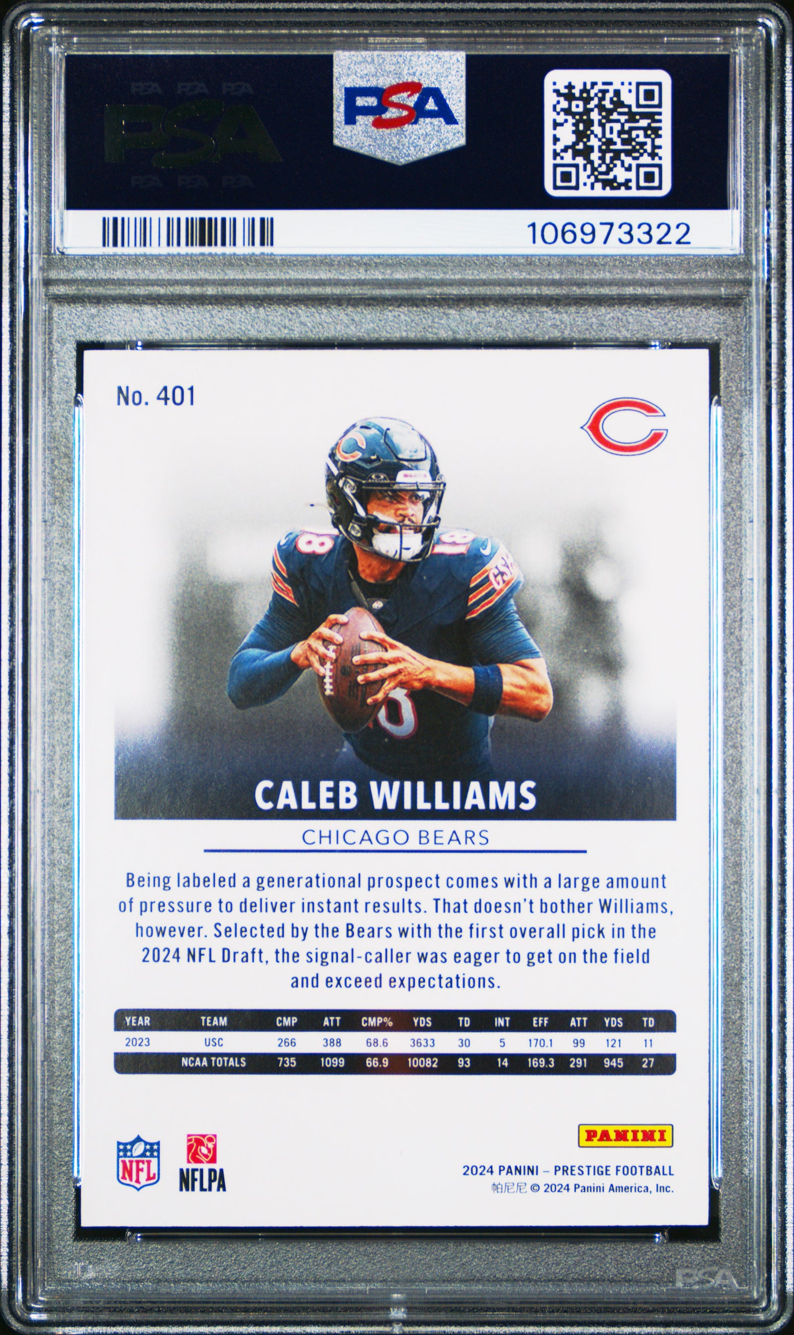 Caleb Williams 2024 Prestige Rookie Football Card #401 Graded PSA 10 Cert #106973322-Powers Sports Memorabilia