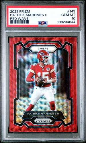 Patrick Mahomes II 2023 Prizm Red Wave Kansas City Chiefs Football Card #149 Graded PSA 10 Cert #109234644 43/149-Powers Sports Memorabilia