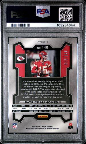 Patrick Mahomes II 2023 Prizm Red Wave Kansas City Chiefs Football Card #149 Graded PSA 10 Cert #109234644 43/149-Powers Sports Memorabilia