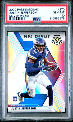 Justin Jefferson 2020 Panini Mosaic Silver Prizm Football Rookie Card #270 PSA 10 Cert #110552978-Powers Sports Memorabilia