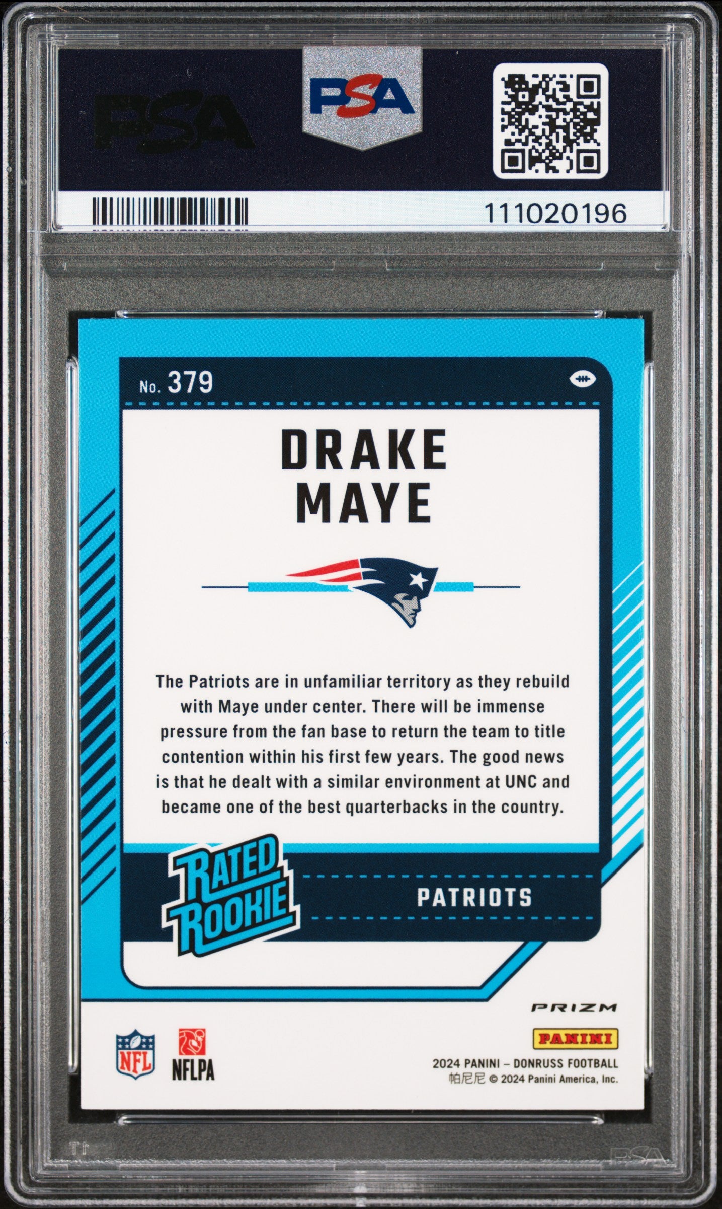 Drake Maye 2024 Donruss Optic Preview Pink Football Rookie Card #379 Graded PSA 10 Cert #111020196-Powers Sports Memorabilia