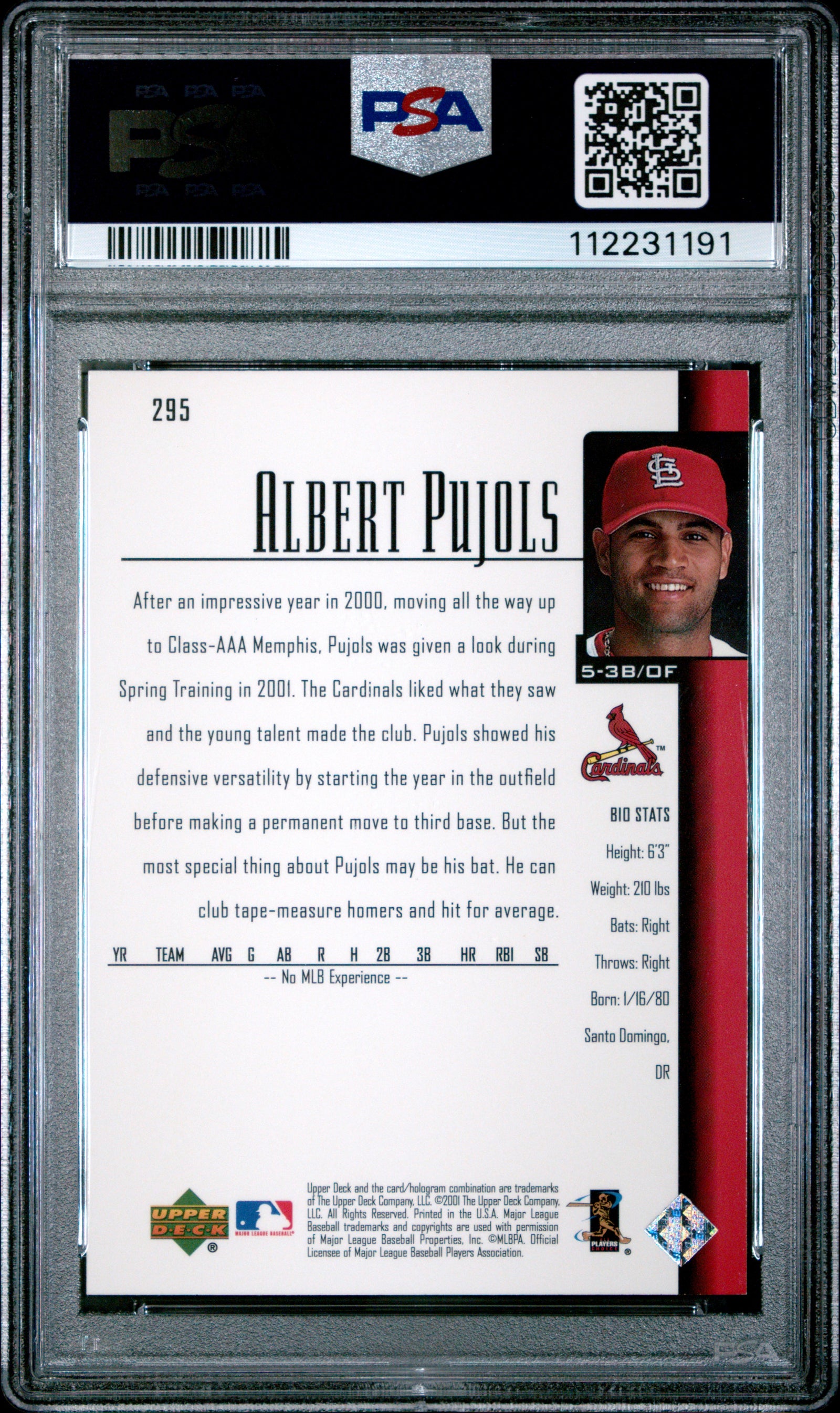 Albert Pujols 2001 Upper Deck Baseball Rookie Card RC #295 Graded PSA 9-Powers Sports Memorabilia