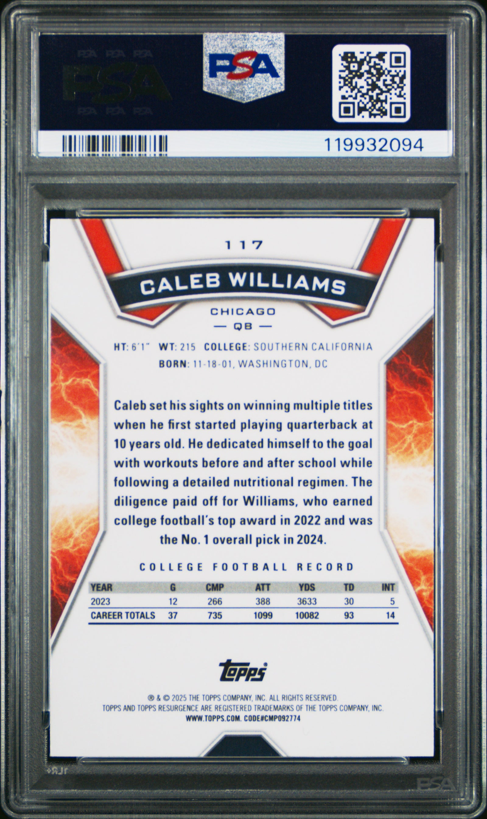 Caleb Williams 2024 Topps Resurgence Football Rookie Card #117 Graded PSA 10 Cert #119932094-Powers Sports Memorabilia