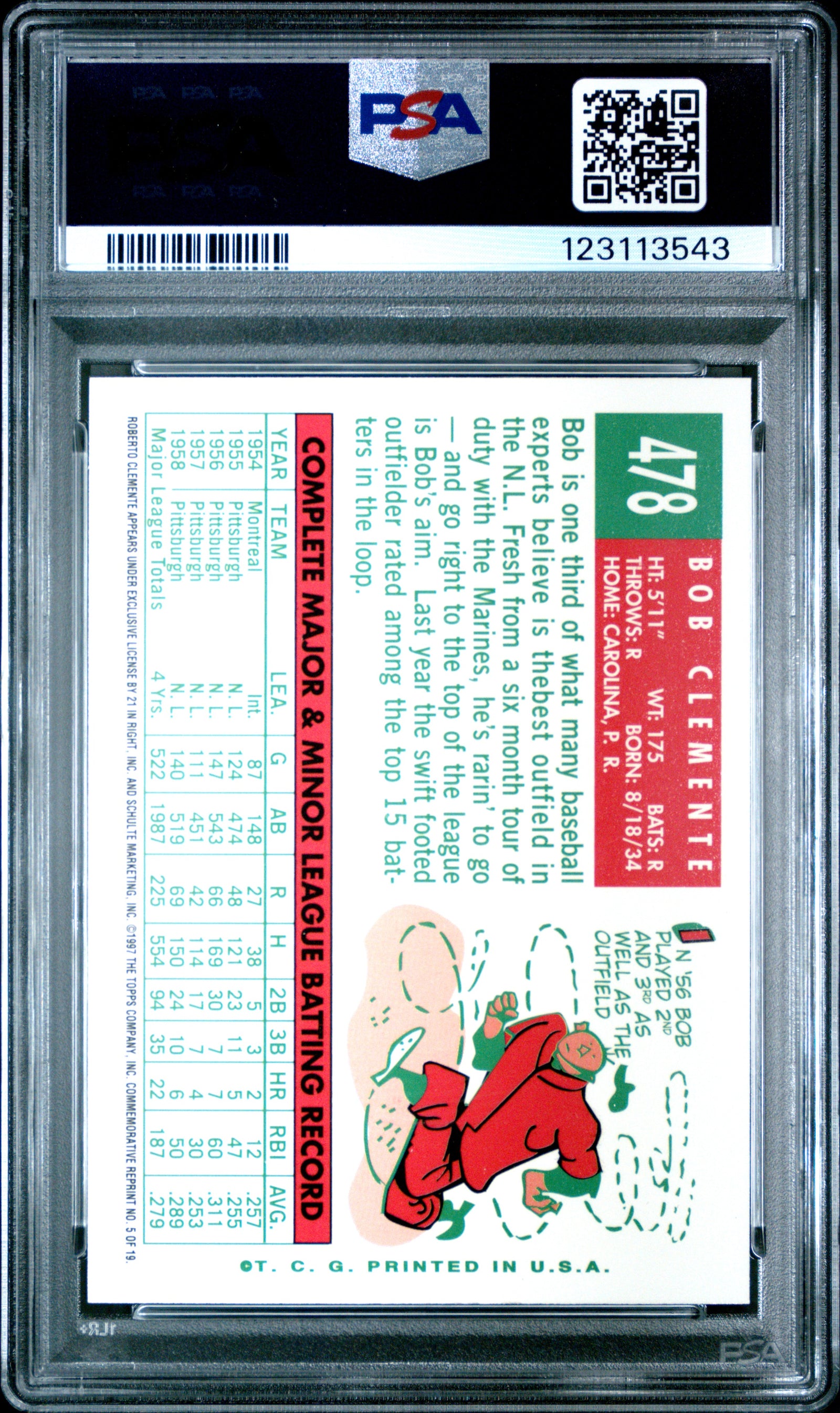 Roberto Clemente 1998 Topps 1959 Baseball Card #5 Graded PSA 10 Cert #123113543-Powers Sports Memorabilia