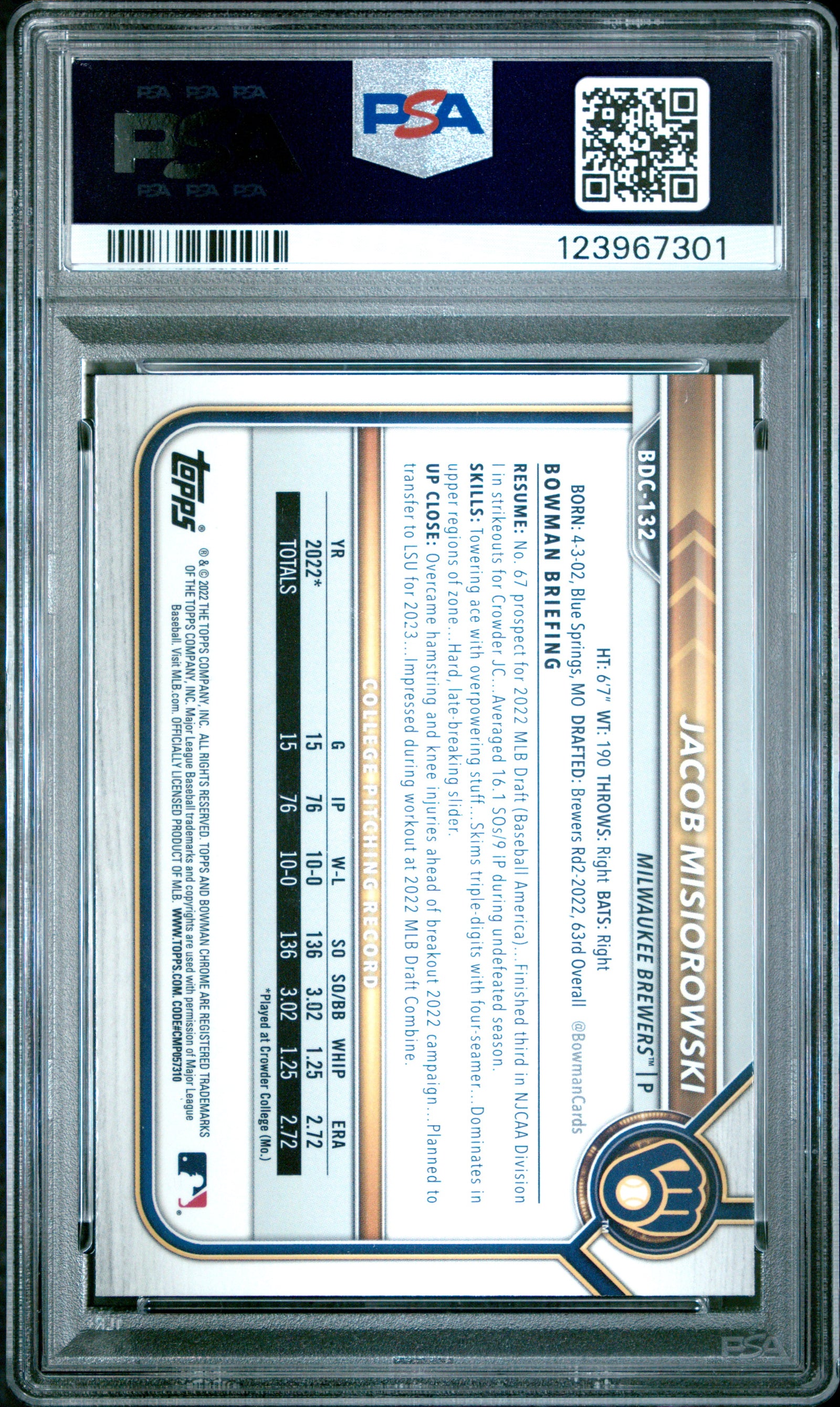 Jacob Misiorowski 2022 Bowman Draft Chrome Rookie Card #BDC132 PSA 8-Powers Sports Memorabilia