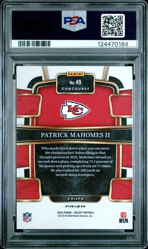 Patrick Mahomes II 2023 Panini Select Silver Prizm Kansas City Chiefs Football Card #49 Graded PSA 10 Cert #124470184