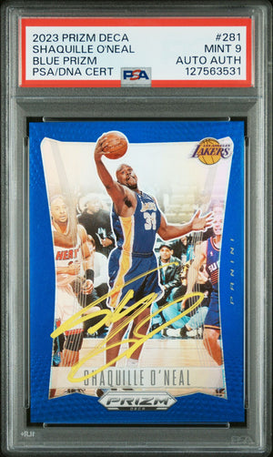 Shaquille O'Neal 2023 Prizm Deca Signed Basketball Card #281 Blue Prizm Graded PSA 9 Auto Auth /149 Cert #127563531-Powers Sports Memorabilia
