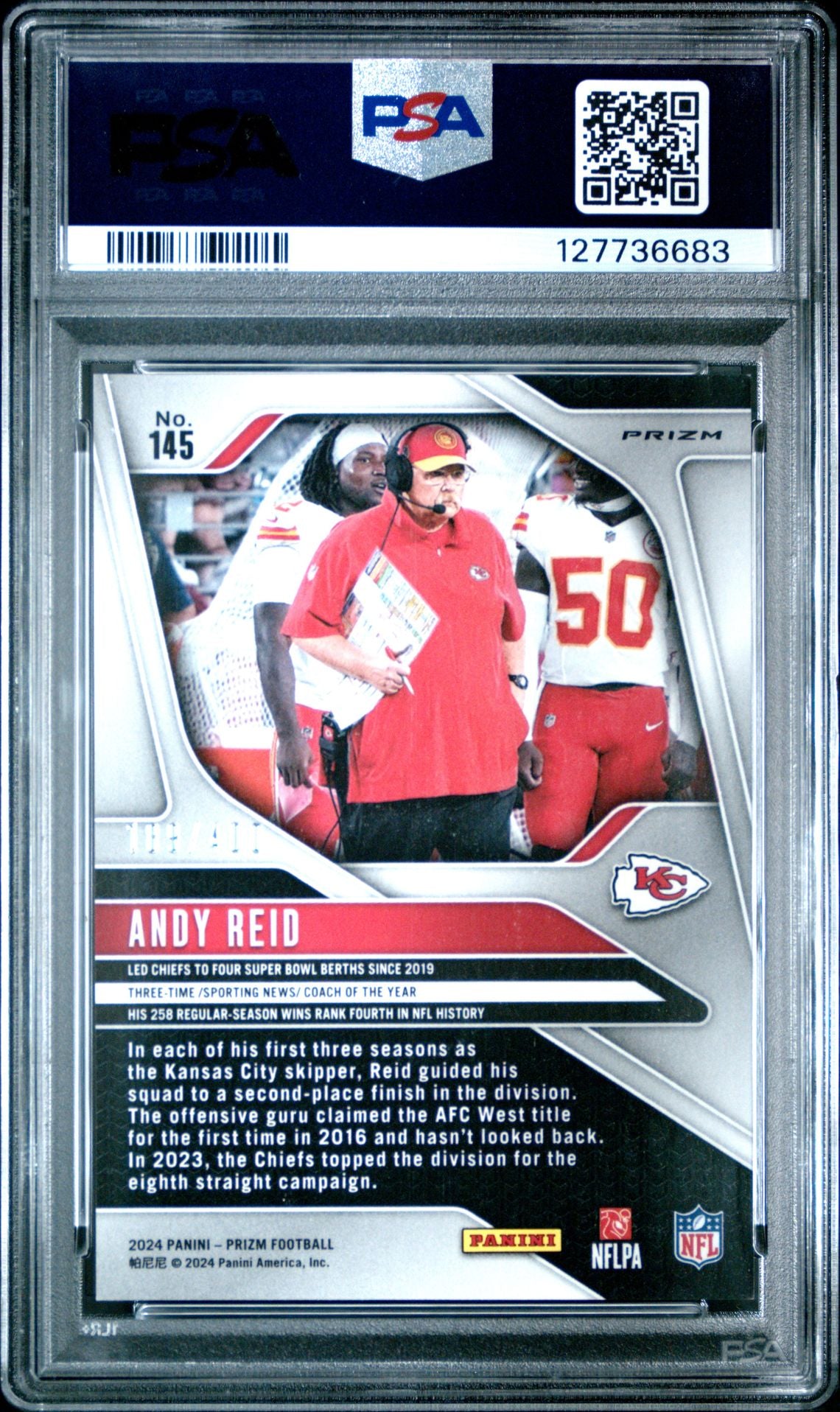 Andy Reid 2024 Prizm Pandora Football Card #145 Graded PSA 9 /400 Cert #1277736683-Powers Sports Memorabilia