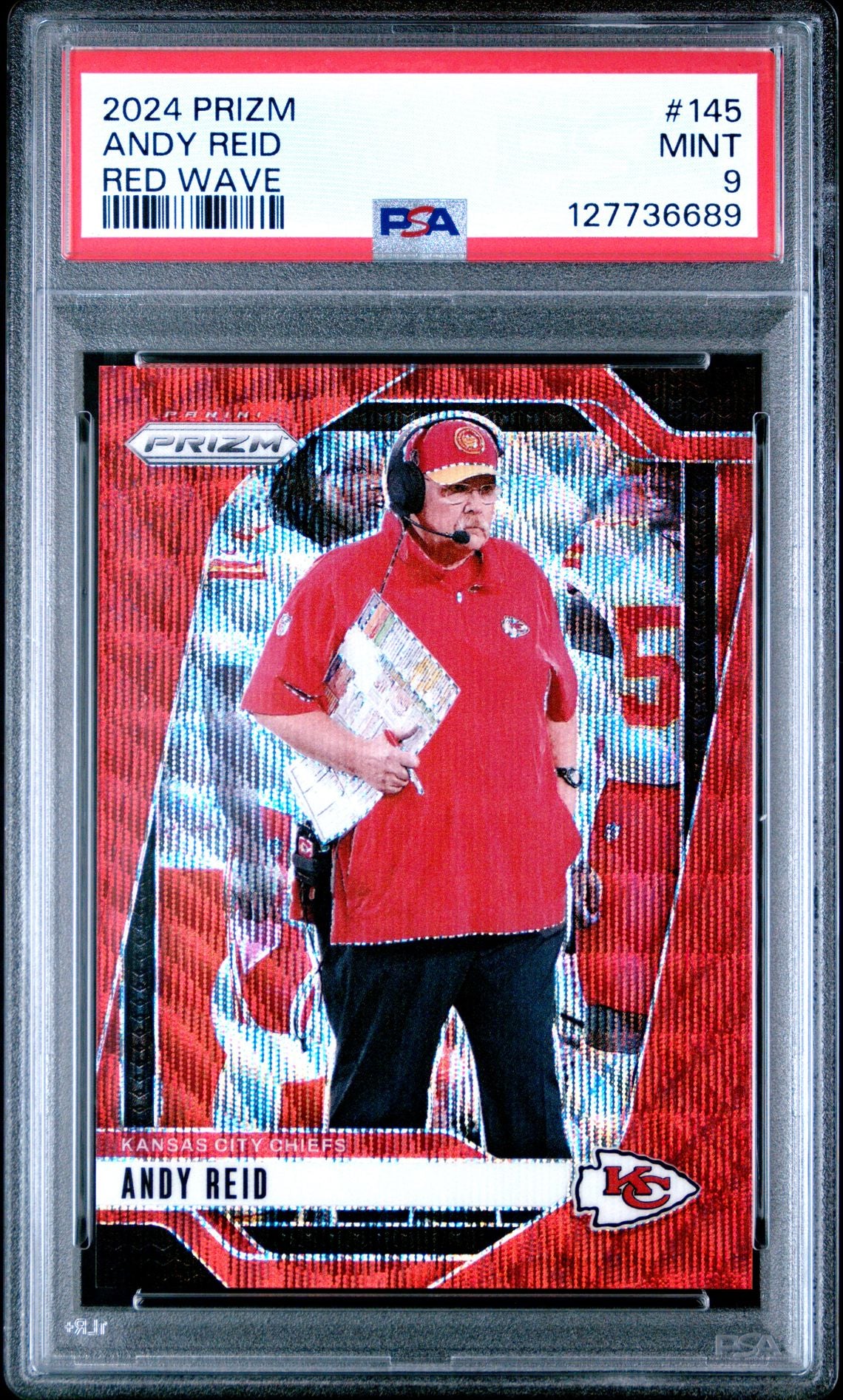 Andy Reid 2024 Prizm Red Wave Football Card #145 Graded PSA 9 Cert #1277736689-Powers Sports Memorabilia