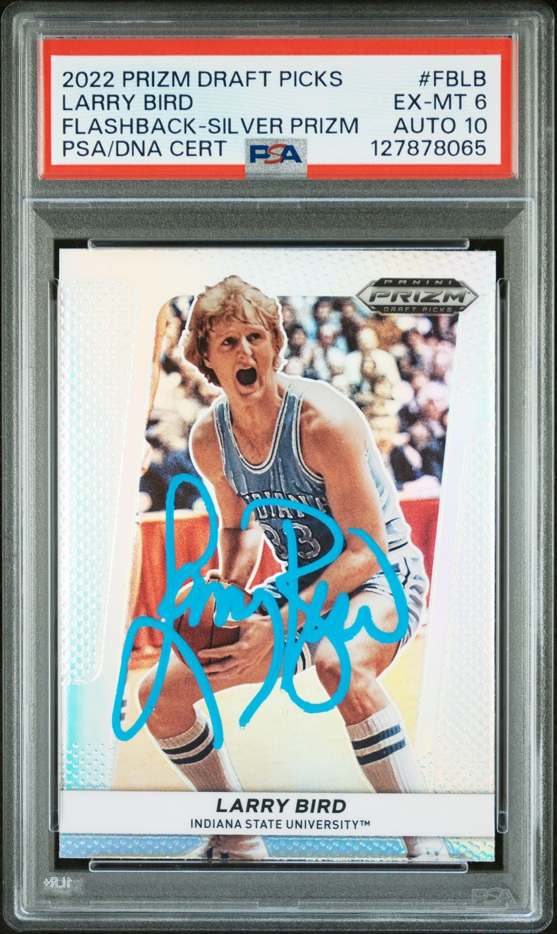 Larry Bird 2022 Prizm Draft Picks Flashback Silver Prizm Signed Basketball Card #FBLB Graded PSA 6 Auto 10 Cert #127878065-Powers Sports Memorabilia