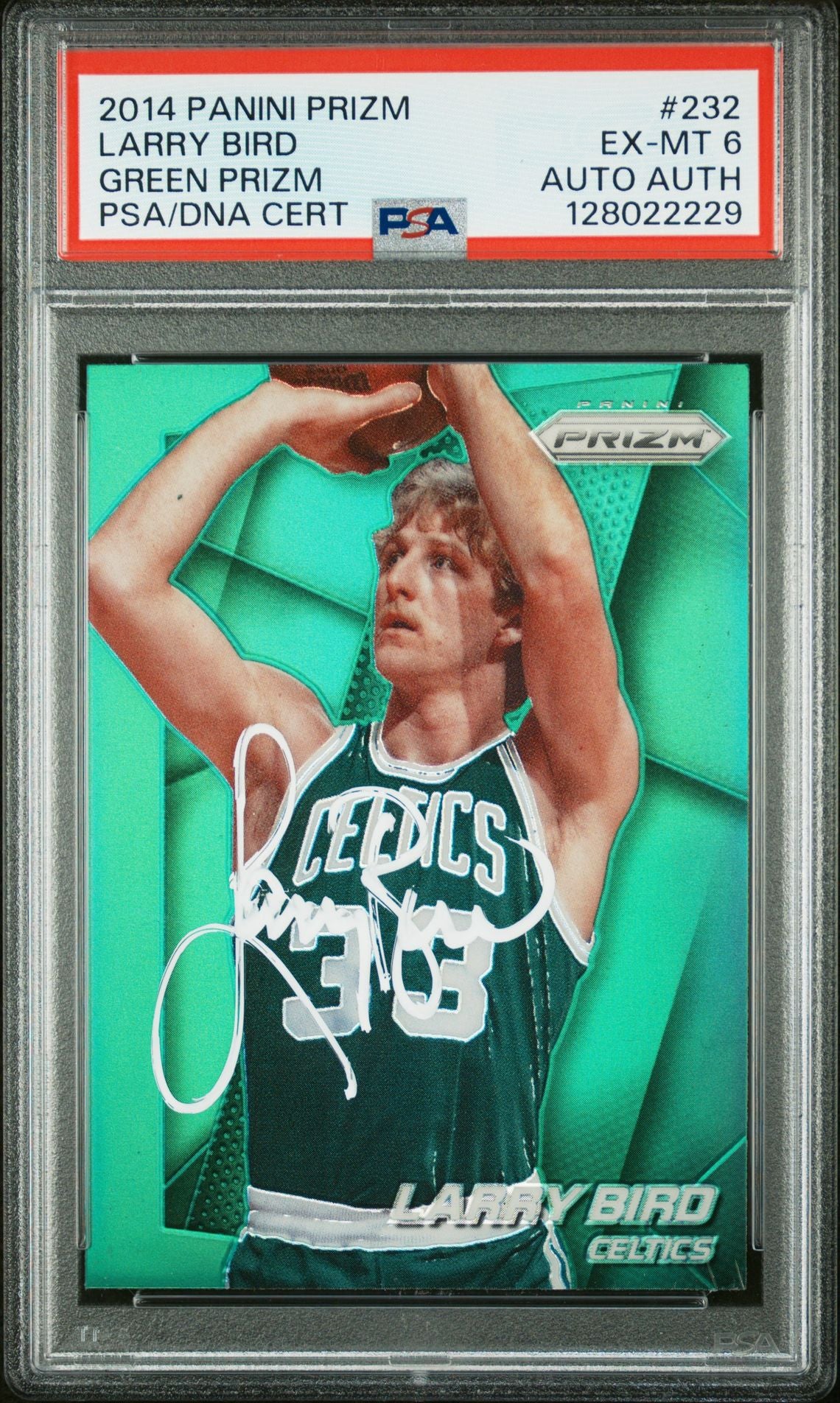 Larry Bird 2014 Panini Prizm Green Prizm Signed Basketball Card #232 Graded PSA 6 Auto Cert #128022229-Powers Sports Memorabilia