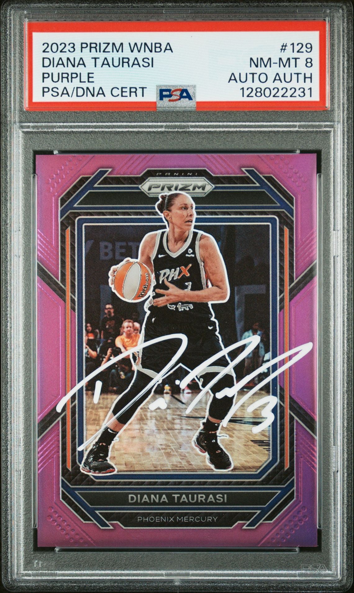 Diana Taurasi 2023 Prizm WNBA Purple Prizm Signed Basketball Card #129 Graded PSA 8 80/149 Auto Cert #128022231-Powers Sports Memorabilia
