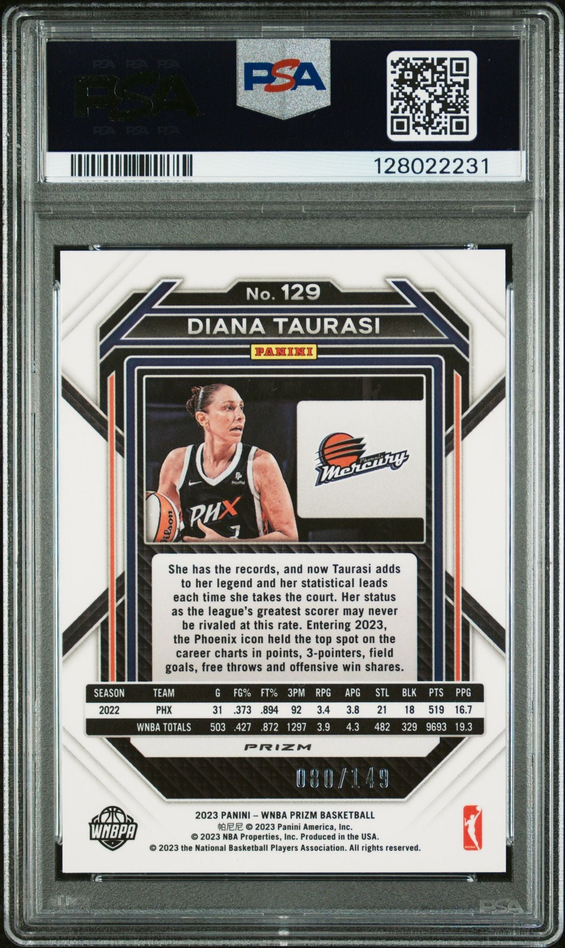 Diana Taurasi 2023 Prizm WNBA Purple Prizm Signed Basketball Card #129 Graded PSA 8 80/149 Auto Cert #128022231-Powers Sports Memorabilia
