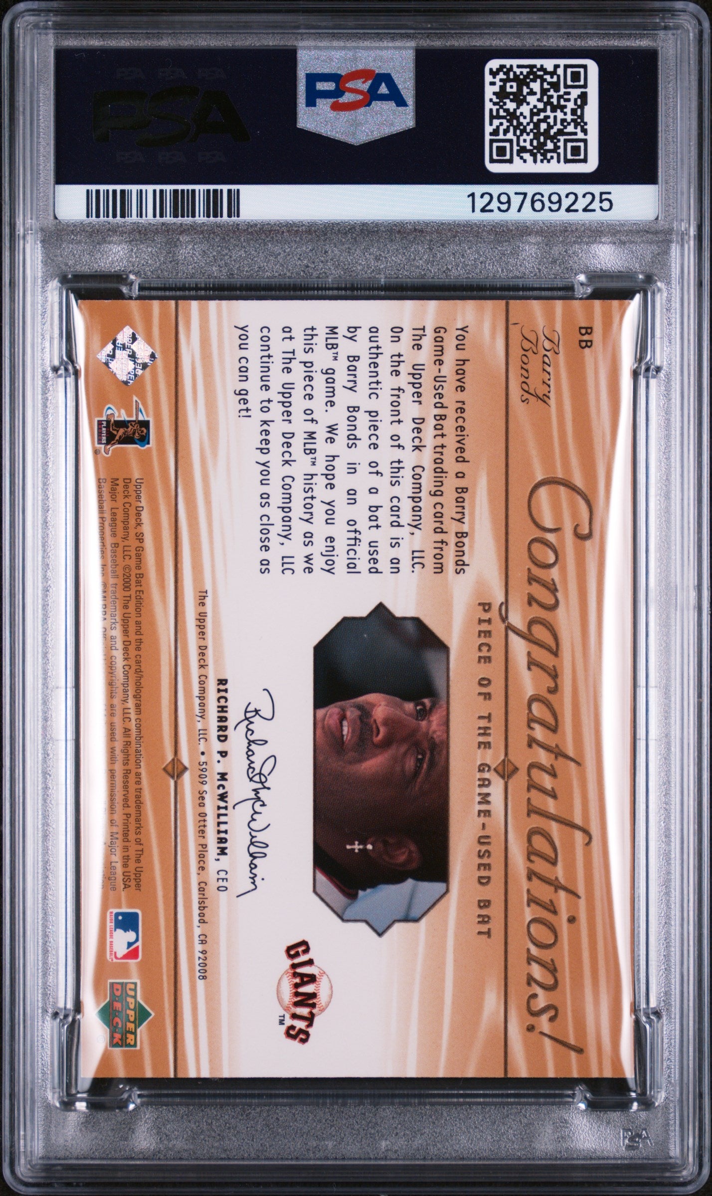 Barry Bonds 2001 SP Game Bat Piece Of The Game Game-Used Bat San Francisco Giants Baseball Card #BB Graded PSA 7 Cert #129769225-Powers Sports Memorabilia