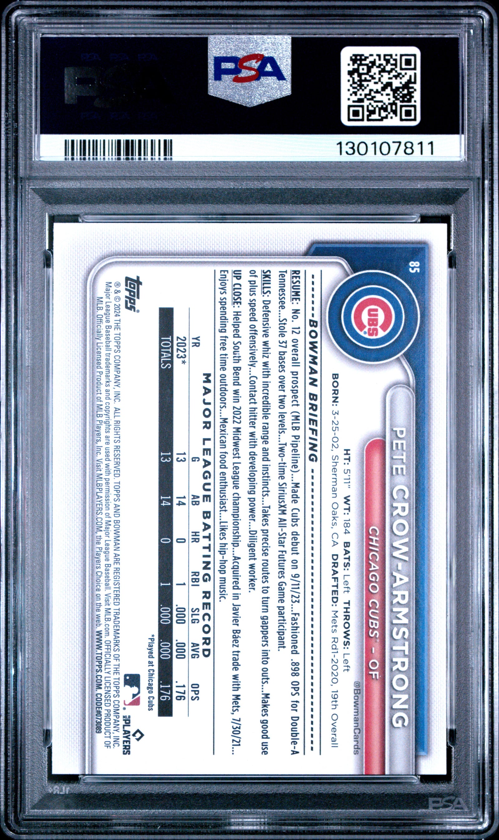 Pete Crow-Armstrong 2024 Bowman Blue Rookie Card #85 PSA 8.5 133/150-Powers Sports Memorabilia