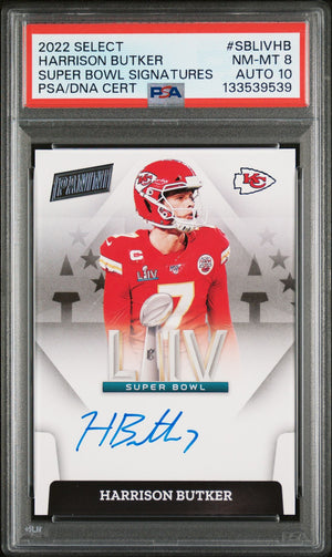 Harrison Butker 2022 Panini Select Super Bowl Signatures Signed Football Card #SBLIVHB Graded PSA 8 Auto 10 Cert #133539539-Powers Sports Memorabilia
