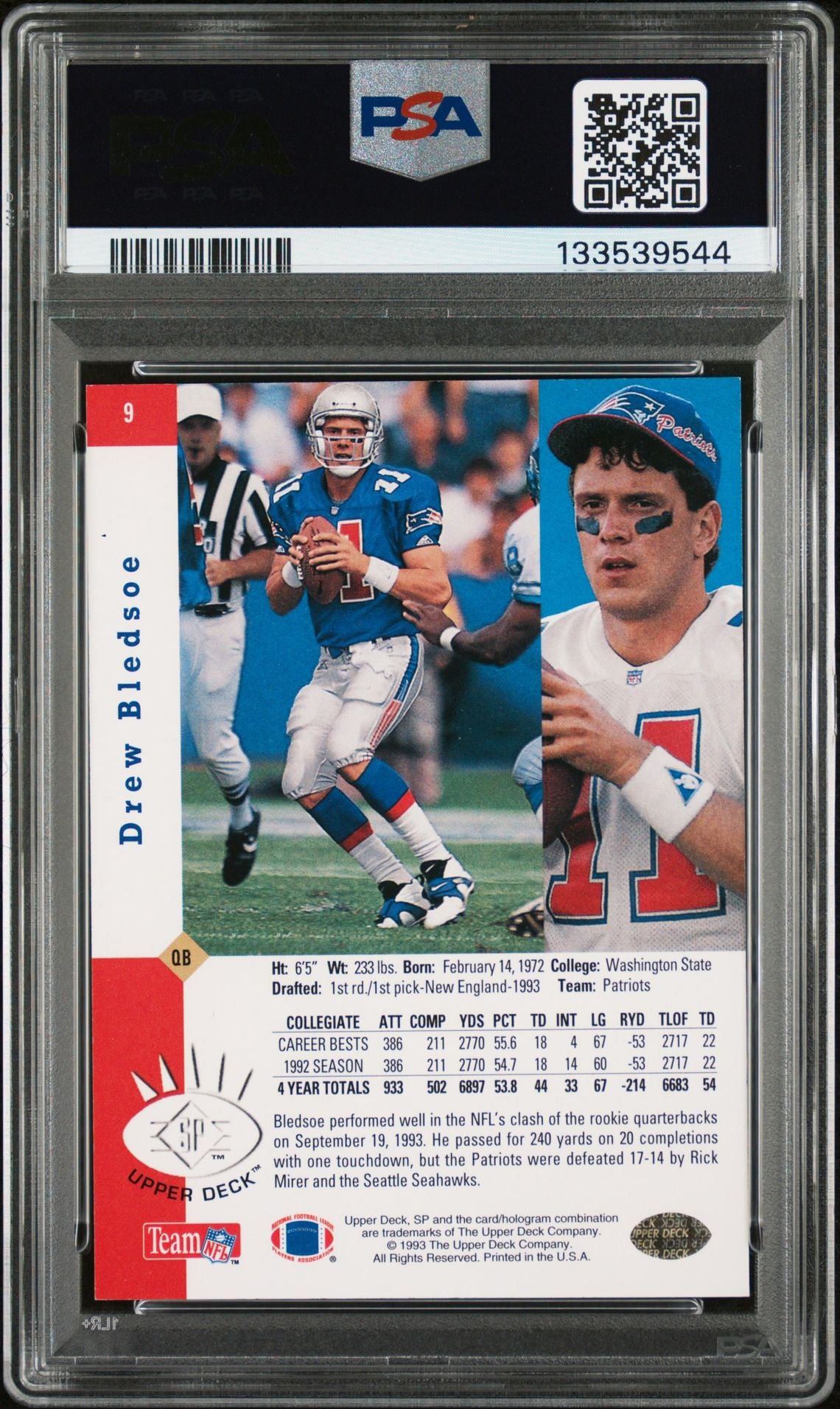 Drew Bledsoe 1993 SP Foil Signed Football Rookie Card #9 Graded PSA 6 Auto 10 Cert #133539544-Powers Sports Memorabilia