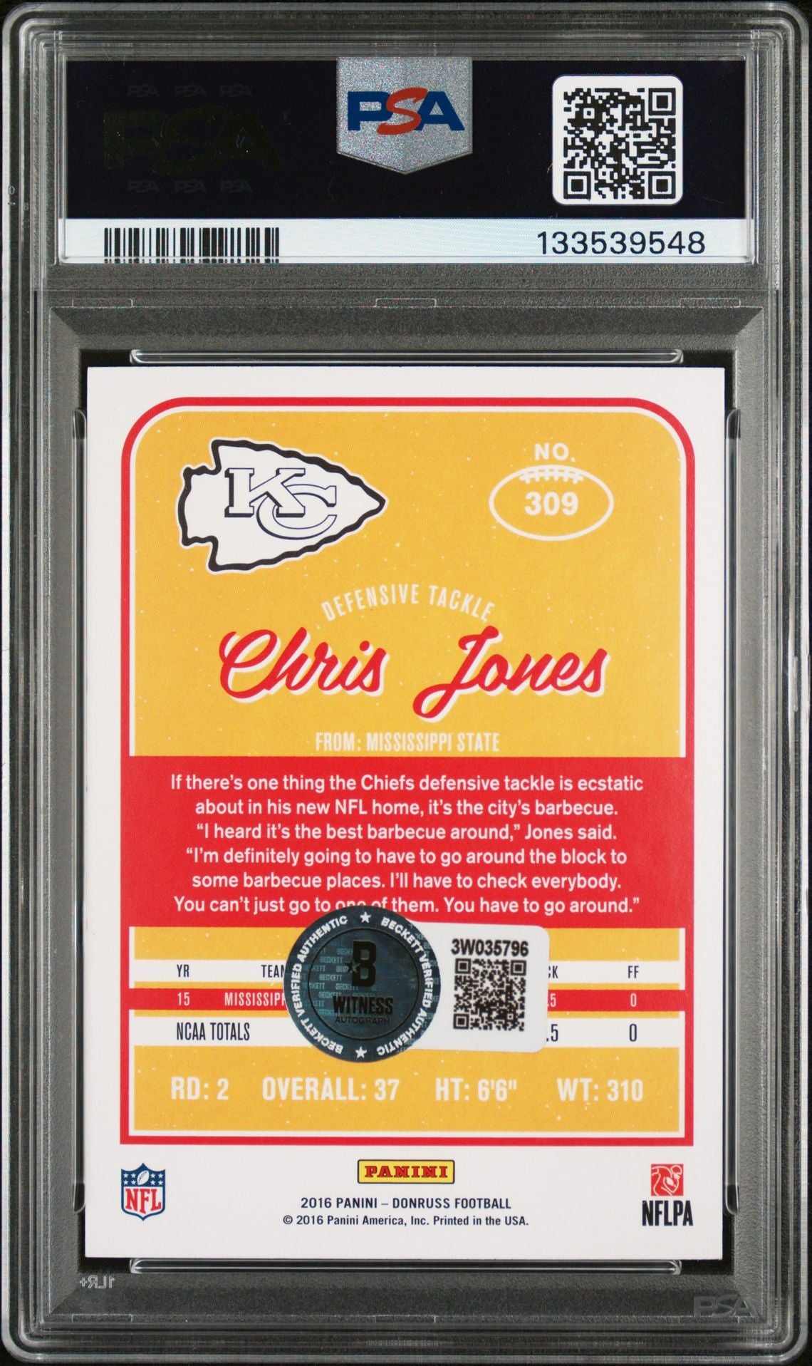 Chris Jones 2016 Panini Donruss Press Proof Blue Signed Football Rookie Card #309 Graded PSA 7 Auto 10 Cert #133539548-Powers Sports Memorabilia