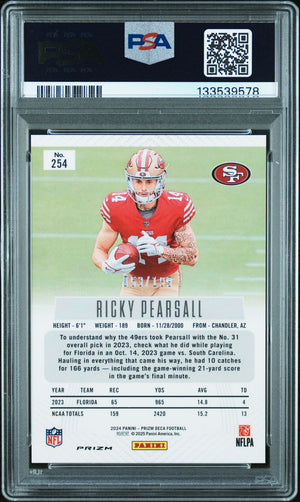 Ricky Pearsall 2024 Panini Prizm Deca Red Signed Football Rookie Card #254 Graded PSA 10 Auto Auth 53/199 Cert #133539578-Powers Sports Memorabilia