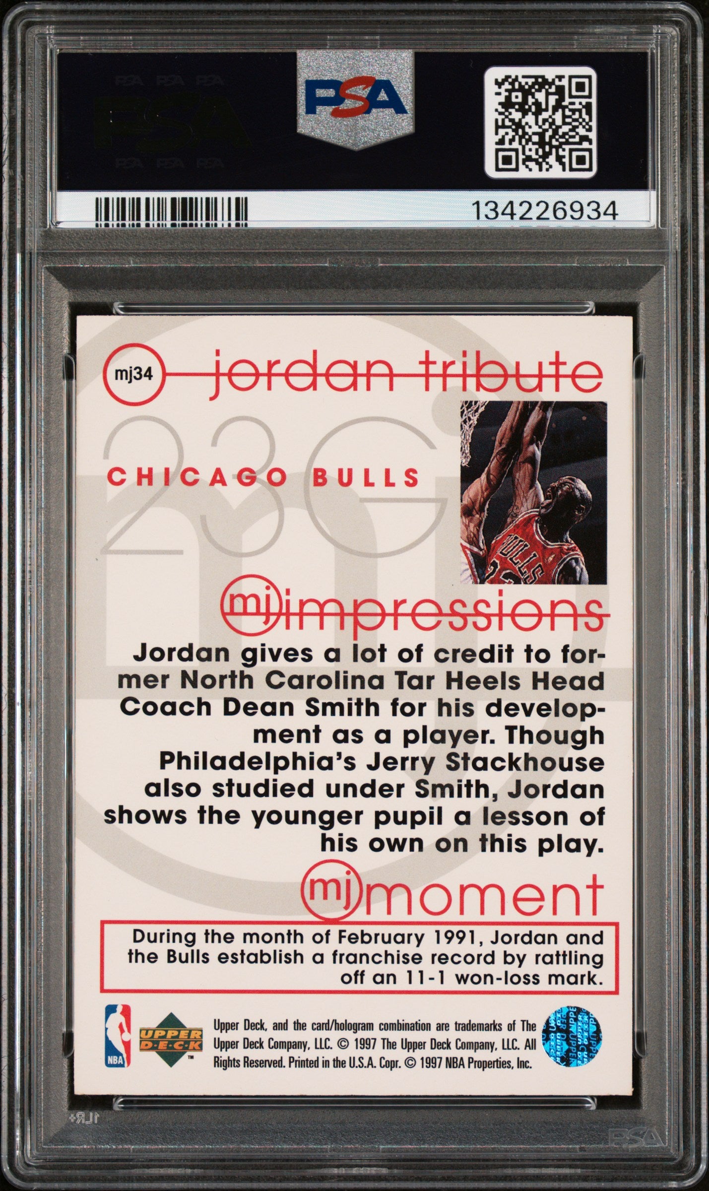Michael Jordan 1996 UD Jordan Tribute MJ Card #MJ34 PSA 7-Powers Sports Memorabilia