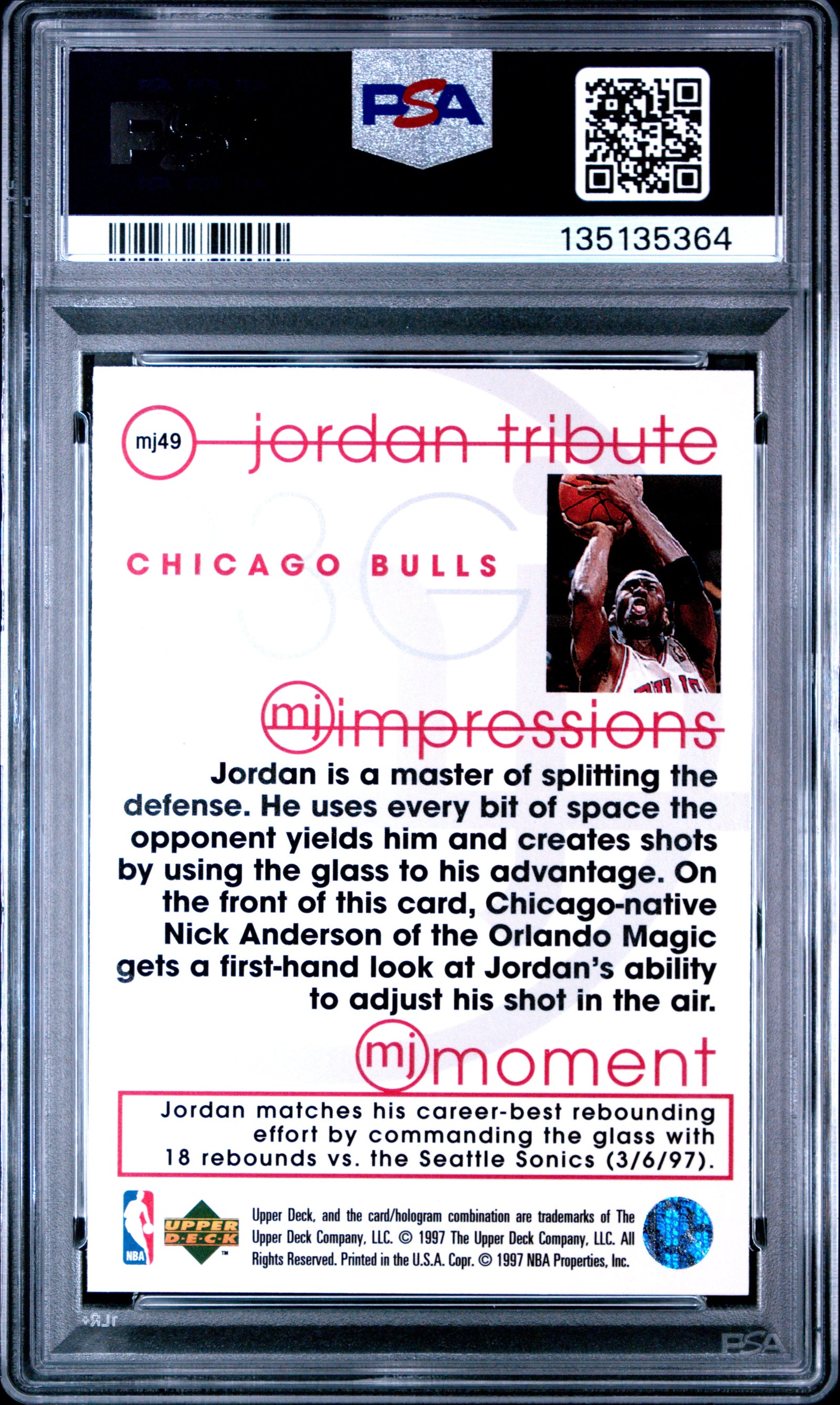 Michael Jordan 1996 UD Jordan Tribute MJ Card #MJ49 PSA 7-Powers Sports Memorabilia