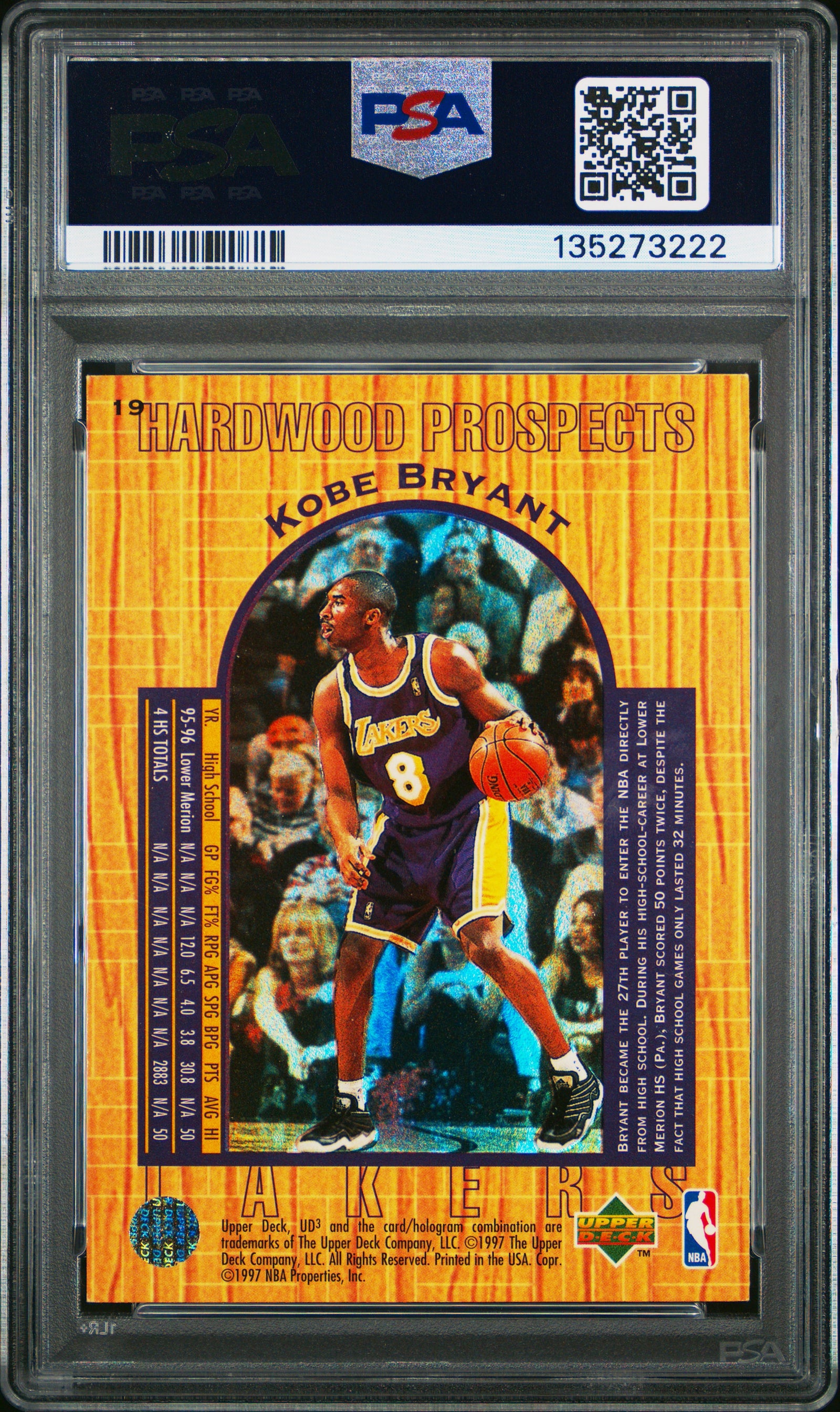 Kobe Bryant 1996 UD3 Hardwood Prospects Los Angeles Lakers Basketball RC Rookie Card #19 Graded PSA 8 Cert #135273222-Powers Sports Memorabilia