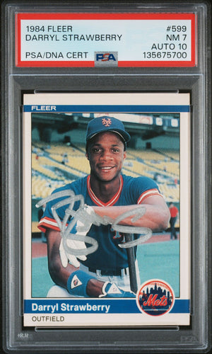 Darryl Strawberry 1984 Fleer Signed Baseball Rookie Card #599 Graded PSA 7 Auto 10 Cert #135675700-Powers Sports Memorabilia