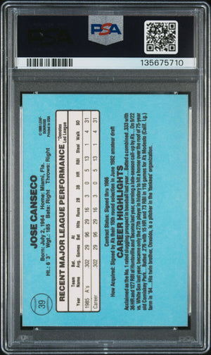 Jose Canseco 1986 Donruss Signed Baseball Rookie Card #39 Graded PSA 8 Auto 10 Cert #135675710-Powers Sports Memorabilia