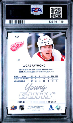 Lucas Raymond 2021 Upper Deck Young Guns Rookie Detroit Red Wings Hockey RC Card #464 Graded PSA 10 Cert #136491416-Powers Sports Memorabilia
