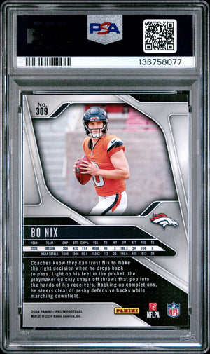 Bo Nix 2024 Panini Prizm Football Rookie Card #309 Graded PSA 10 Cert #136758077-Powers Sports Memorabilia
