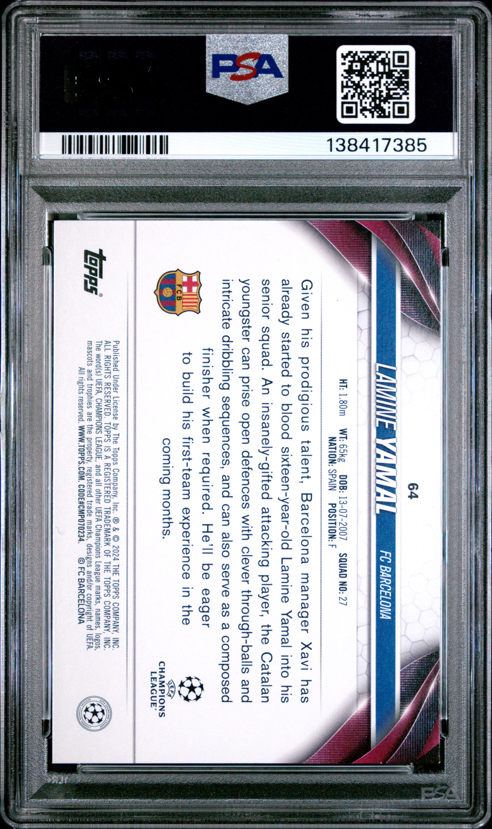 Lamine Yamal 2023-24 Topps UEFA Champions League Soccer RC Rookie Card #64 Graded PSA 8 Cert #138417385-Powers Sports Memorabilia