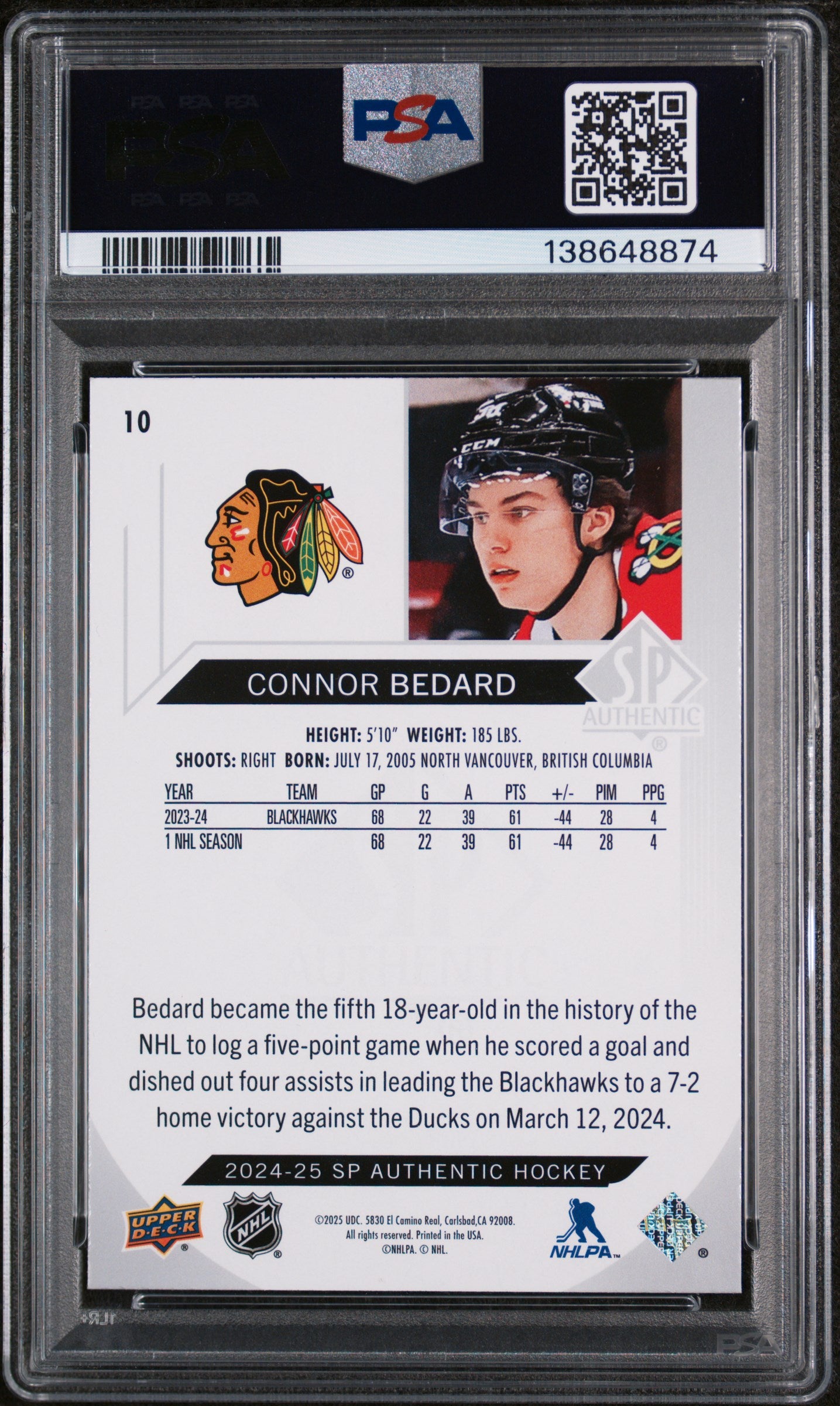Connor Bedard 2024 SP Authentic Hockey Card #10 Graded PSA 10 Cert #138648874-Powers Sports Memorabilia