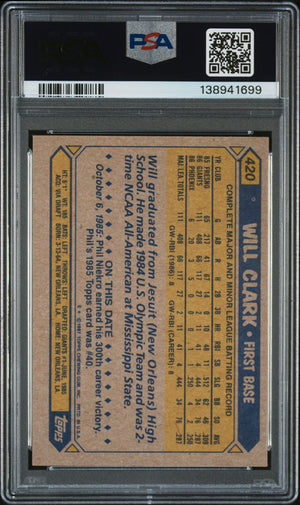 Will Clark 1987 Topps San Francisco Giants Signed Baseball RC Rookie Card #420 PSA 6 Auto 10 Cert #138941699-Powers Sports Memorabilia