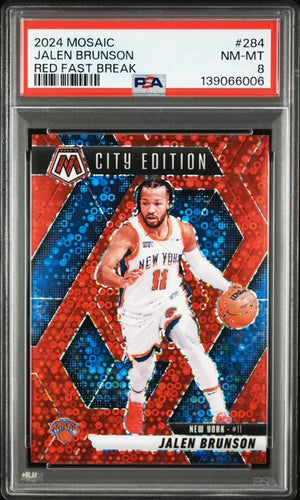 Jalen Brunson 2024 Panini Mosaic Red Fast Break City Edition New York Knicks Basketball Card #284 3/99 Graded PSA 8 Cert #139066006