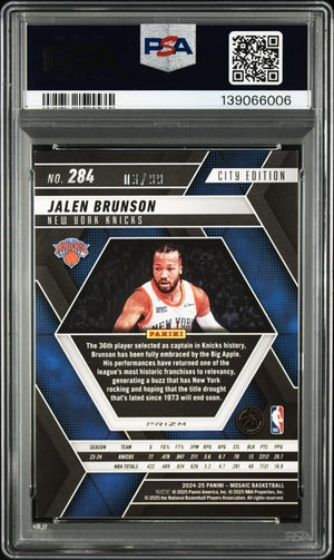 Jalen Brunson 2024 Panini Mosaic Red Fast Break City Edition New York Knicks Basketball Card #284 3/99 Graded PSA 8 Cert #139066006