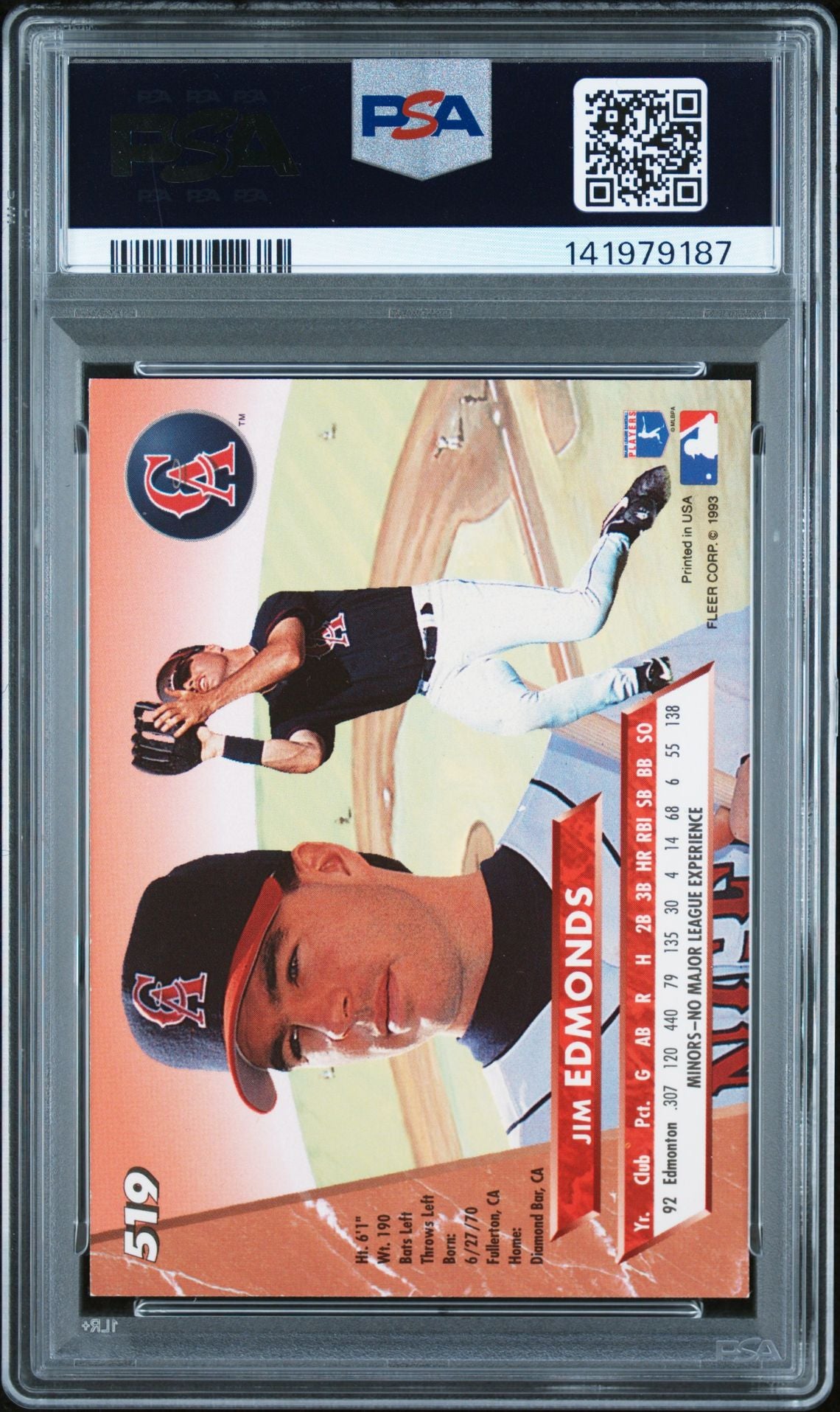 Jim Edmonds 1993 Fleer Ultra Signed Baseball Rookie Card #519 Graded PSA 7 Auto 10 Cert #141979187-Powers Sports Memorabilia
