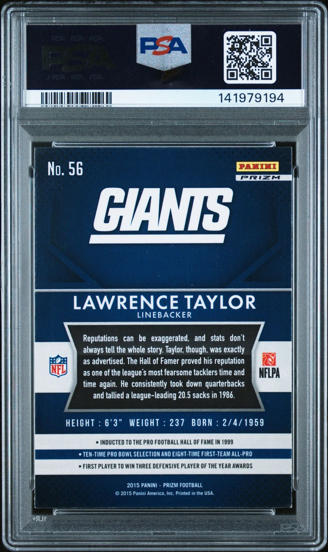 Lawrence Taylor 2015 Panini Prizm Blue Signed Football Card #56 Graded PSA 6 Auto 9 Cert #141979194-Powers Sports Memorabilia