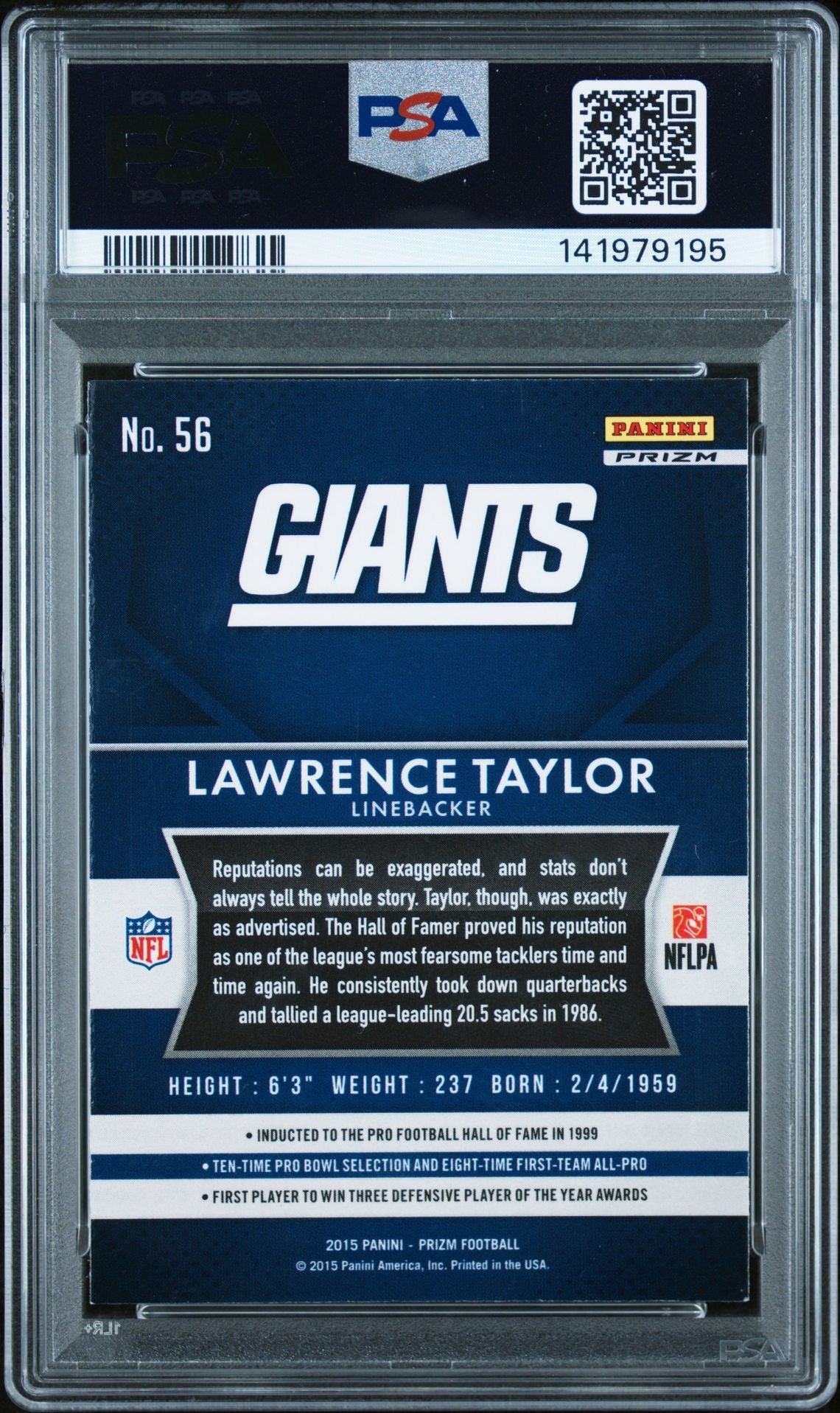 Lawrence Taylor 2015 Panini Prizm Blue Signed Football Card #56 Graded PSA 8 Auto 9 Cert #141979195-Powers Sports Memorabilia