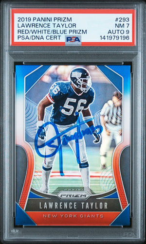 Lawrence Taylor 2019 Panini Prizm Red White Blue Signed Football Card #293 Graded PSA 7 Auto 9 Cert #141979196-Powers Sports Memorabilia