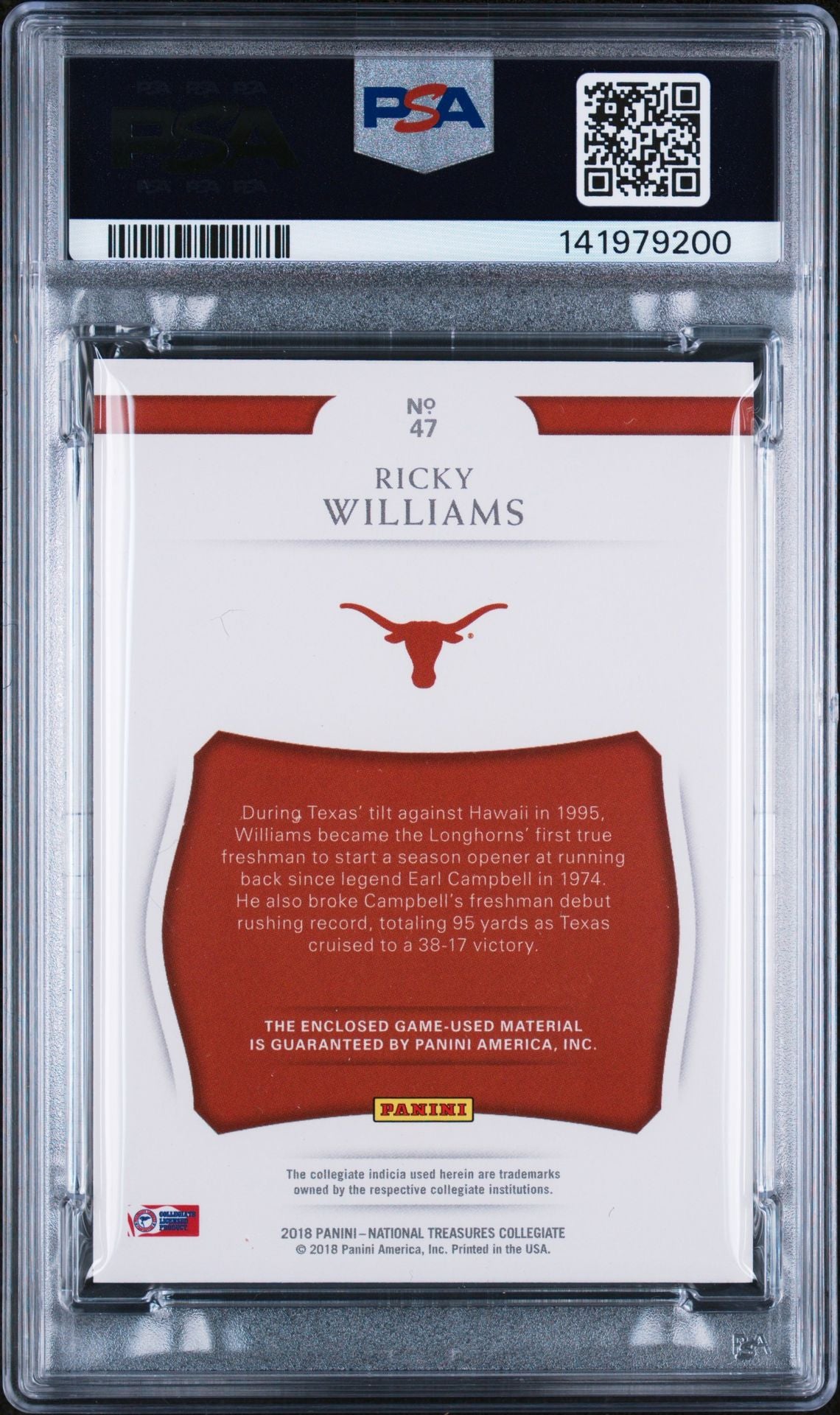 Ricky Williams 2018 Panini National Treasures Collegiate Material Game Used Jersey Patch Signed Football Card #47 Graded PSA 9 Auto 10 Cert #141979200 Serial #61/99-Powers Sports Memorabilia